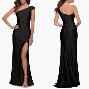 NWT LA FEMME Black ONE SHOULDER Shiny JERSEY Ruched HIGH SLIT Evening GOWN 2
